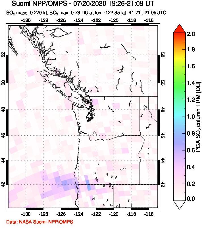A sulfur dioxide image over Cascade Range, USA on Jul 20, 2020.