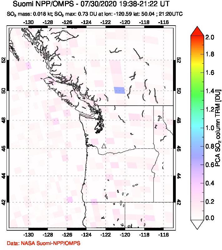A sulfur dioxide image over Cascade Range, USA on Jul 30, 2020.