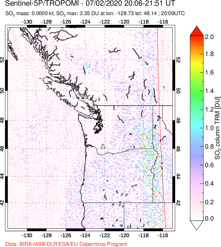 A sulfur dioxide image over Cascade Range, USA on Jul 02, 2020.