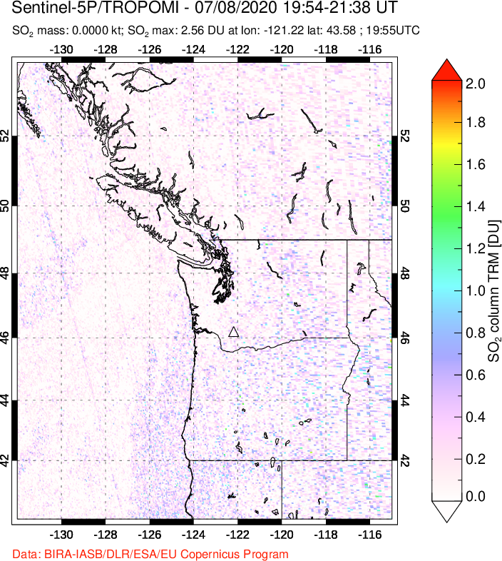 A sulfur dioxide image over Cascade Range, USA on Jul 08, 2020.