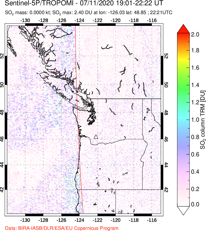 A sulfur dioxide image over Cascade Range, USA on Jul 11, 2020.