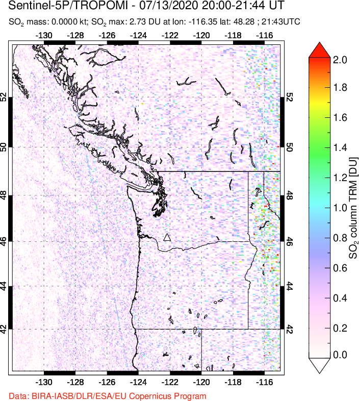 A sulfur dioxide image over Cascade Range, USA on Jul 13, 2020.
