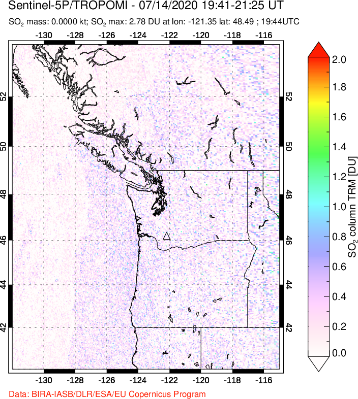 A sulfur dioxide image over Cascade Range, USA on Jul 14, 2020.