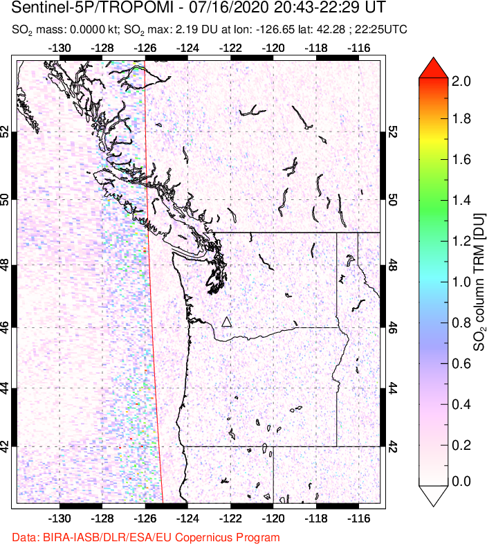 A sulfur dioxide image over Cascade Range, USA on Jul 16, 2020.
