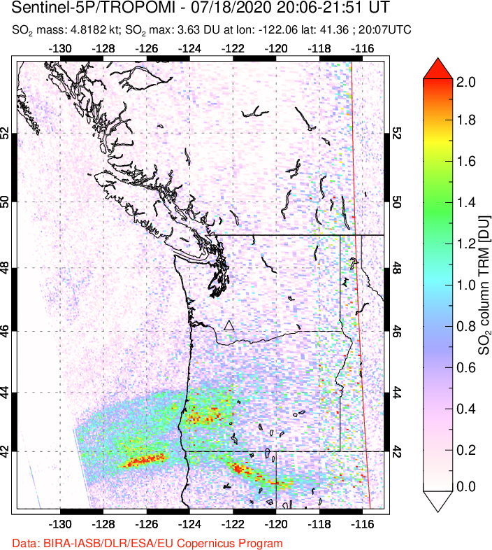 A sulfur dioxide image over Cascade Range, USA on Jul 18, 2020.
