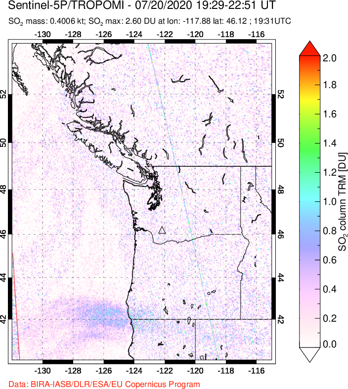 A sulfur dioxide image over Cascade Range, USA on Jul 20, 2020.