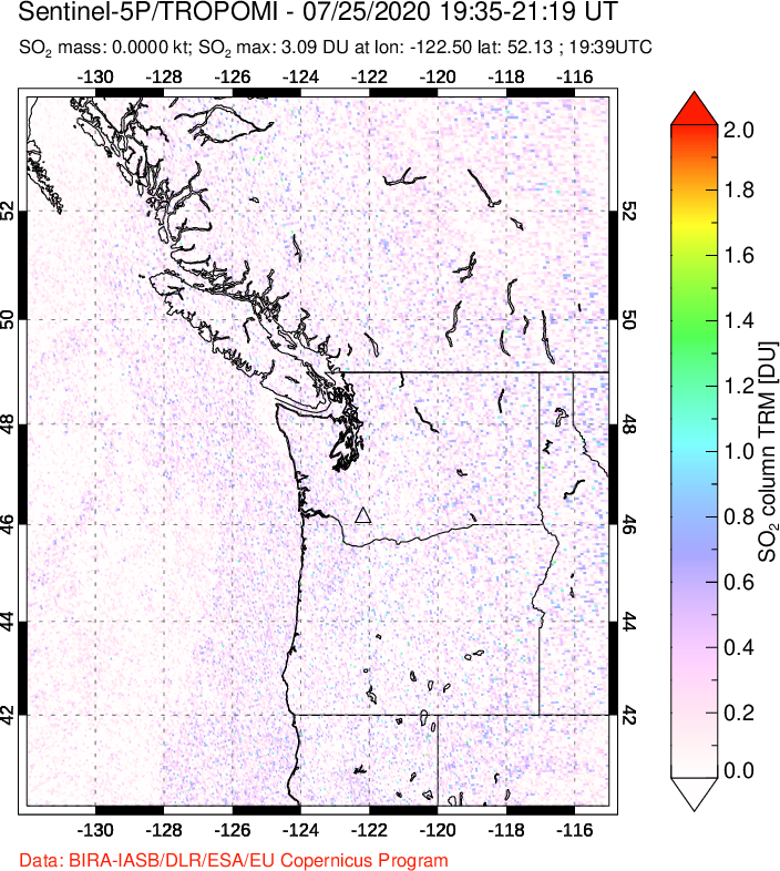 A sulfur dioxide image over Cascade Range, USA on Jul 25, 2020.