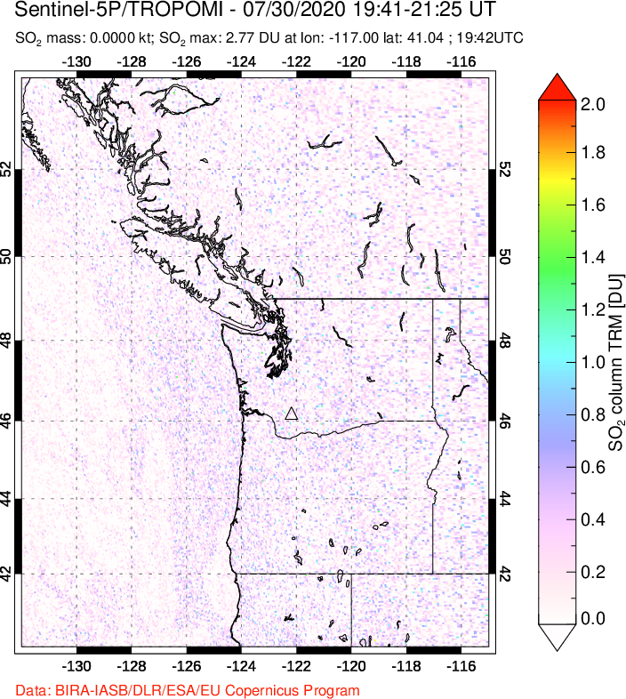 A sulfur dioxide image over Cascade Range, USA on Jul 30, 2020.