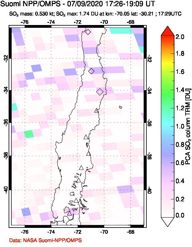 A sulfur dioxide image over Central Chile on Jul 09, 2020.