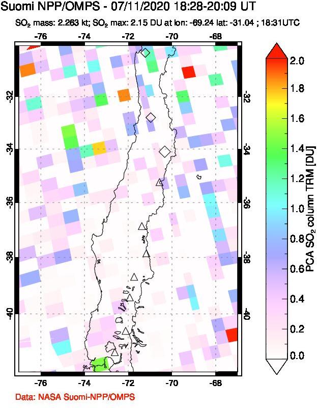 A sulfur dioxide image over Central Chile on Jul 11, 2020.