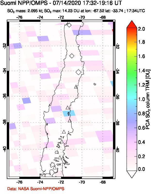 A sulfur dioxide image over Central Chile on Jul 14, 2020.