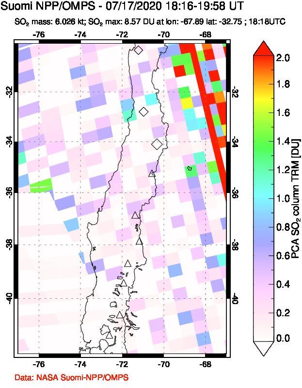 A sulfur dioxide image over Central Chile on Jul 17, 2020.