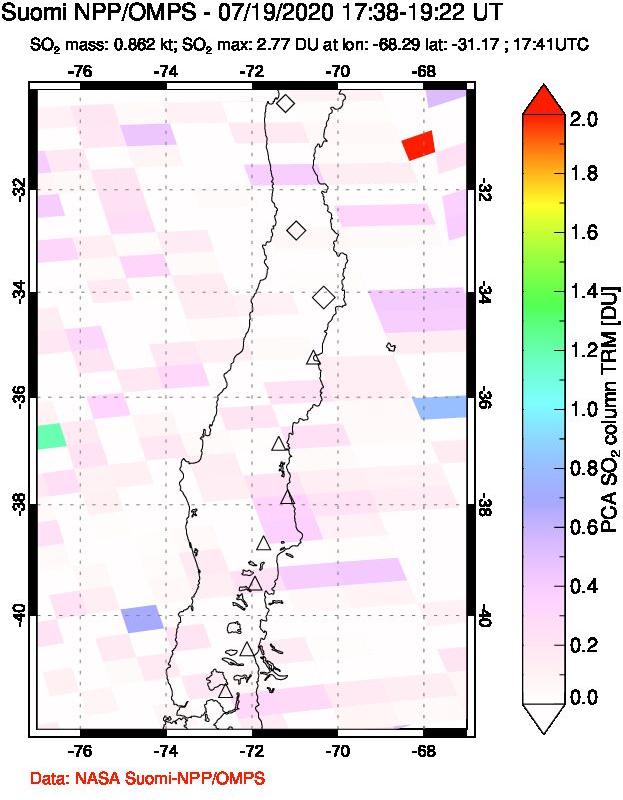 A sulfur dioxide image over Central Chile on Jul 19, 2020.