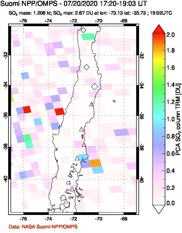 A sulfur dioxide image over Central Chile on Jul 20, 2020.