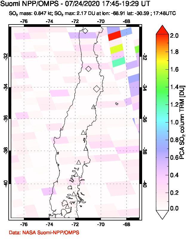 A sulfur dioxide image over Central Chile on Jul 24, 2020.