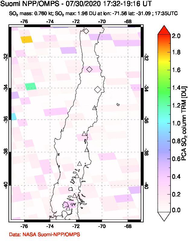 A sulfur dioxide image over Central Chile on Jul 30, 2020.