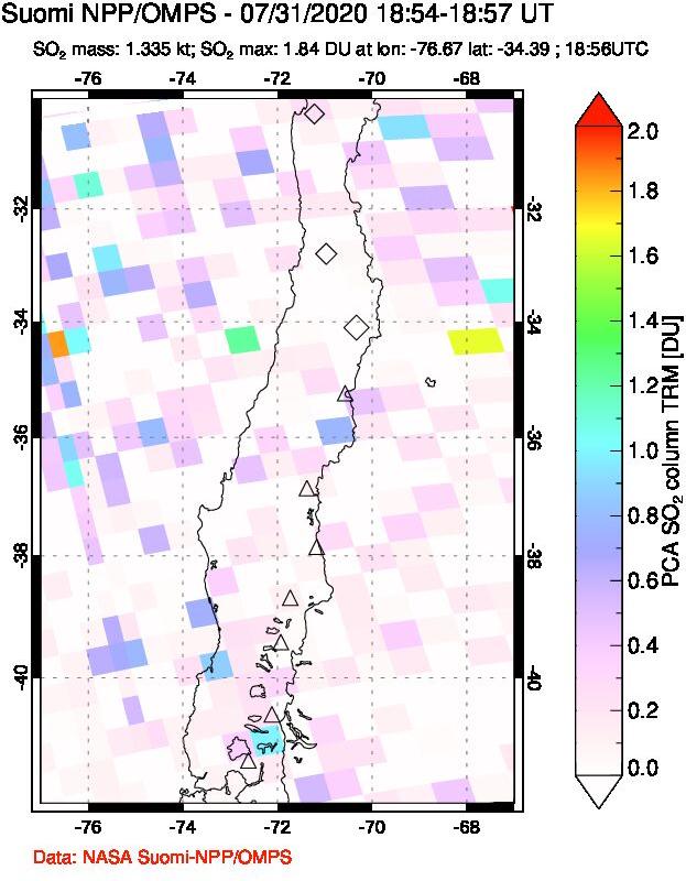 A sulfur dioxide image over Central Chile on Jul 31, 2020.