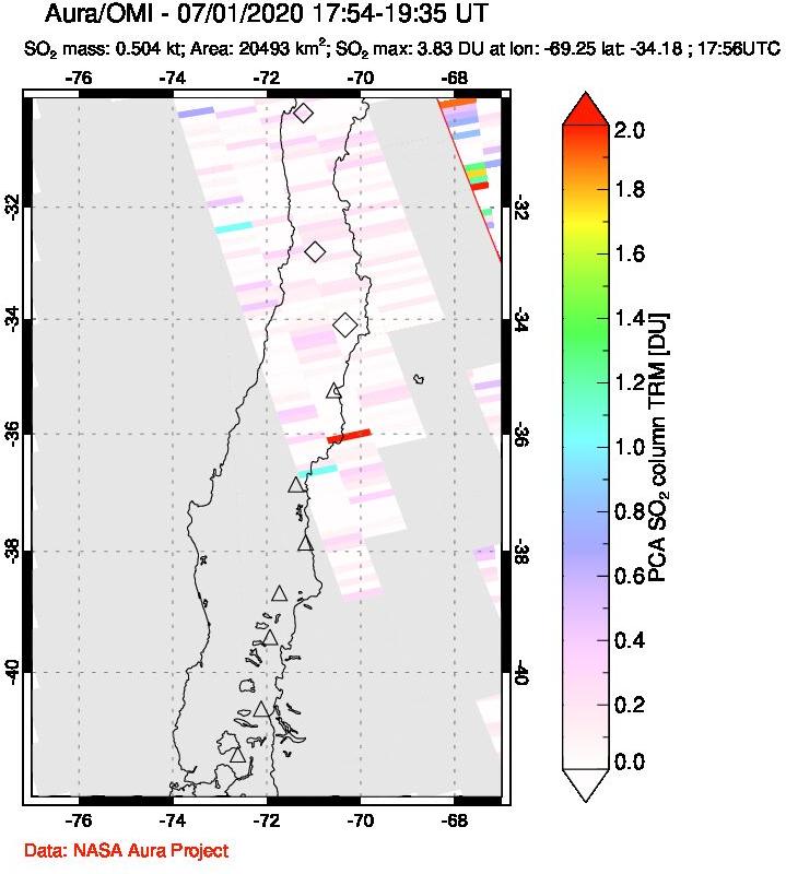 A sulfur dioxide image over Central Chile on Jul 01, 2020.