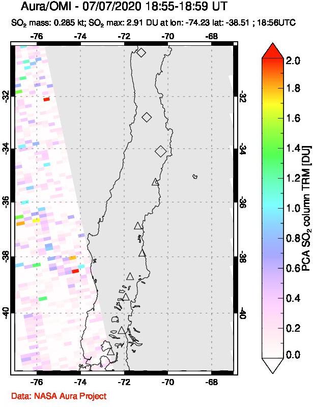 A sulfur dioxide image over Central Chile on Jul 07, 2020.