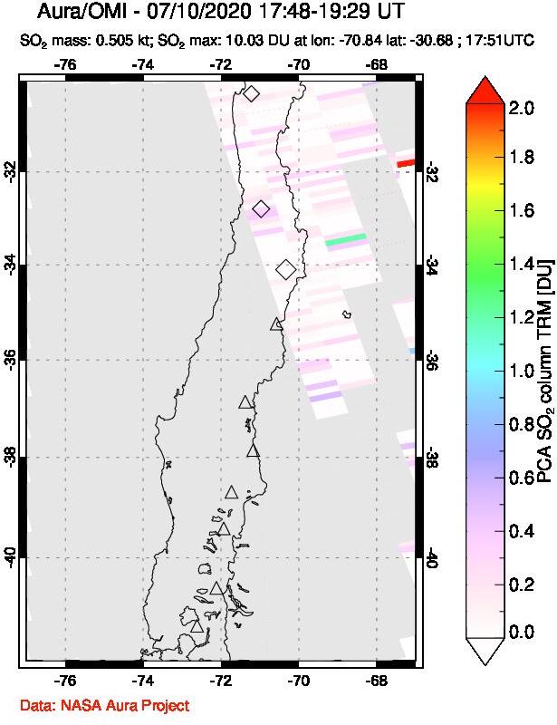 A sulfur dioxide image over Central Chile on Jul 10, 2020.