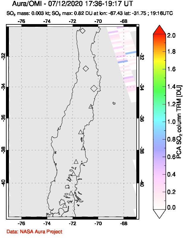 A sulfur dioxide image over Central Chile on Jul 12, 2020.