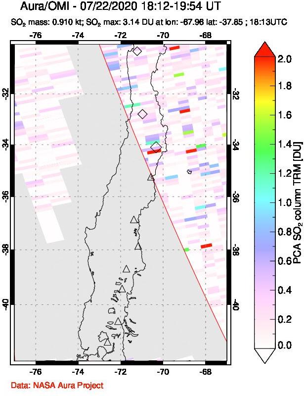 A sulfur dioxide image over Central Chile on Jul 22, 2020.