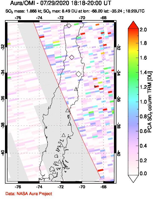 A sulfur dioxide image over Central Chile on Jul 29, 2020.