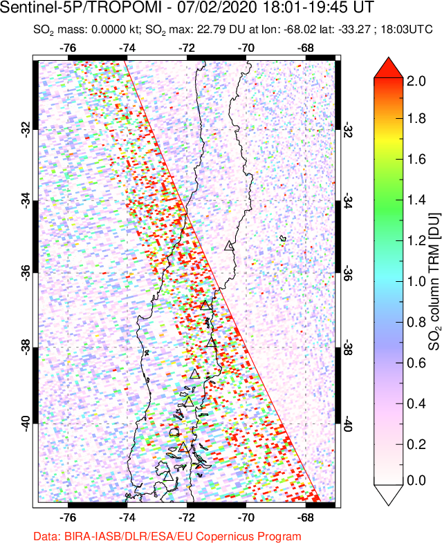 A sulfur dioxide image over Central Chile on Jul 02, 2020.