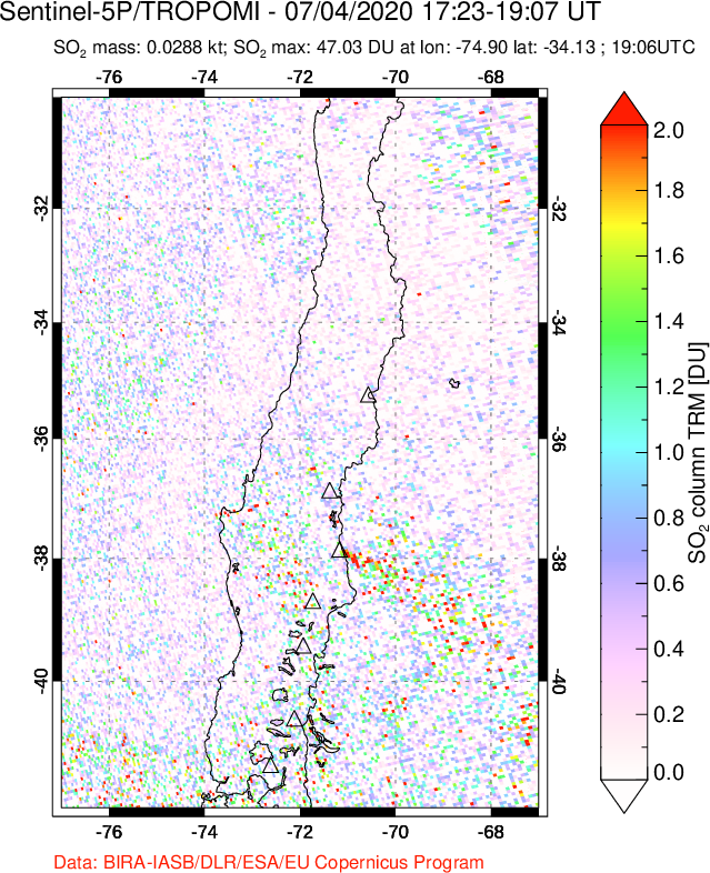 A sulfur dioxide image over Central Chile on Jul 04, 2020.