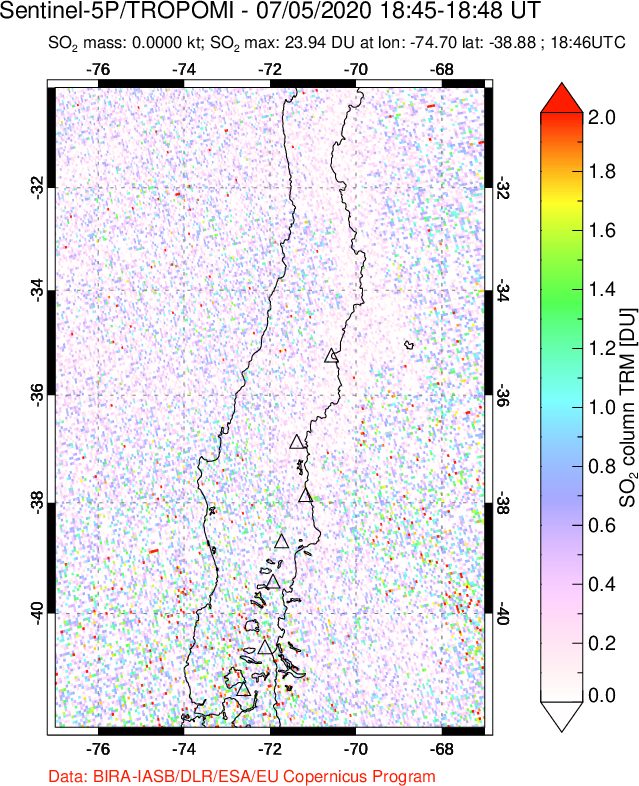 A sulfur dioxide image over Central Chile on Jul 05, 2020.