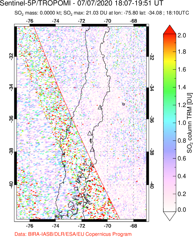 A sulfur dioxide image over Central Chile on Jul 07, 2020.