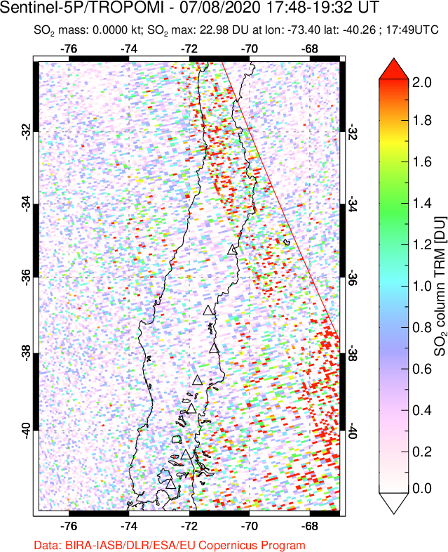 A sulfur dioxide image over Central Chile on Jul 08, 2020.