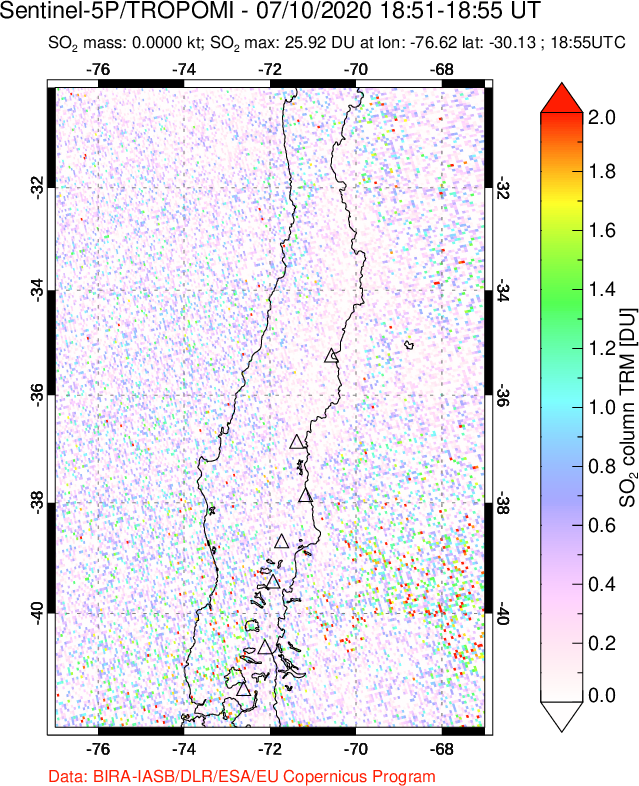 A sulfur dioxide image over Central Chile on Jul 10, 2020.
