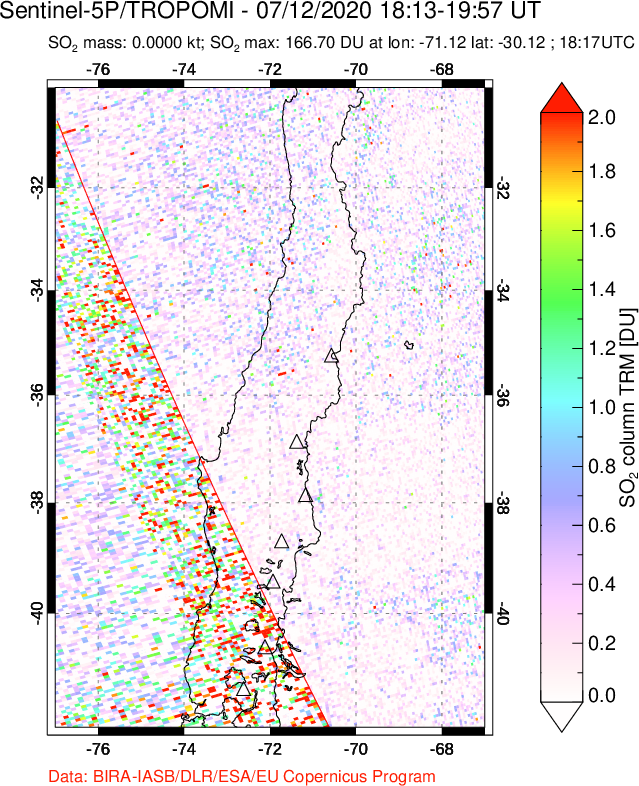 A sulfur dioxide image over Central Chile on Jul 12, 2020.