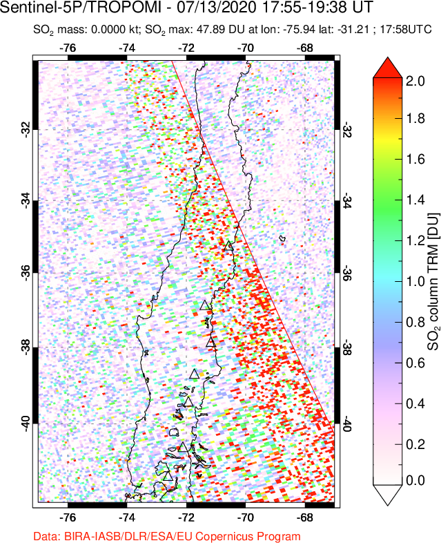 A sulfur dioxide image over Central Chile on Jul 13, 2020.