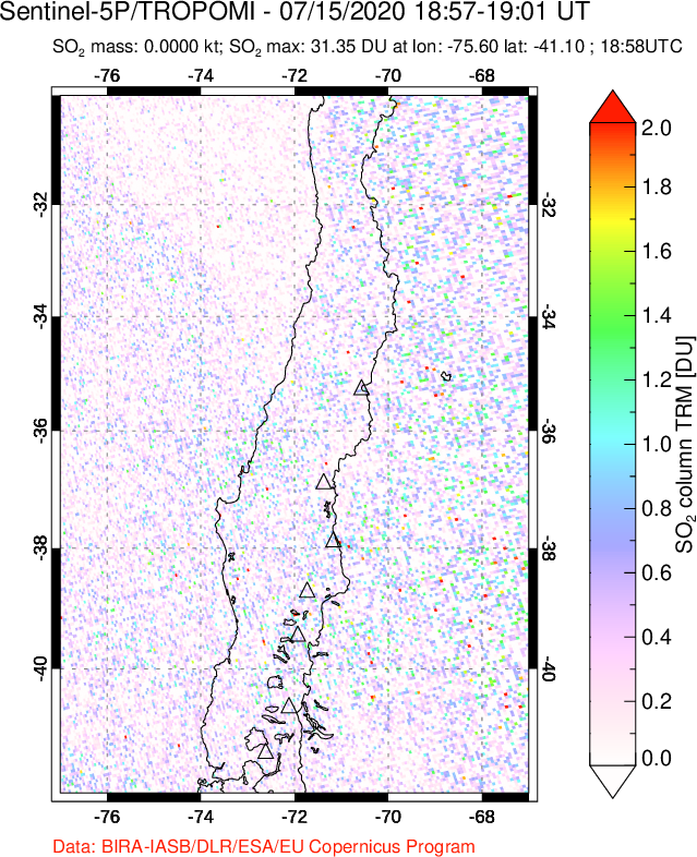 A sulfur dioxide image over Central Chile on Jul 15, 2020.