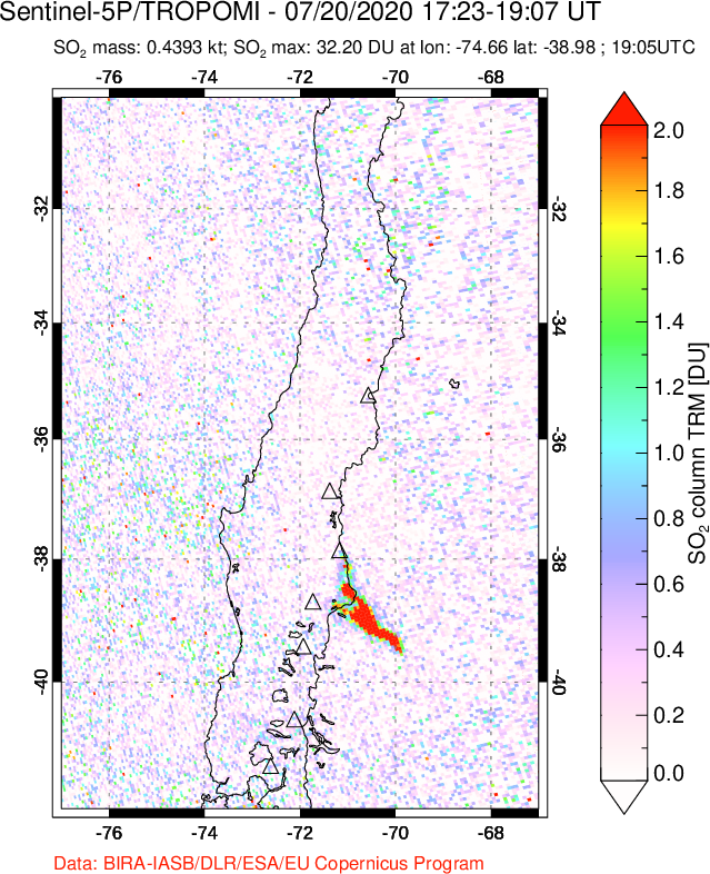 A sulfur dioxide image over Central Chile on Jul 20, 2020.