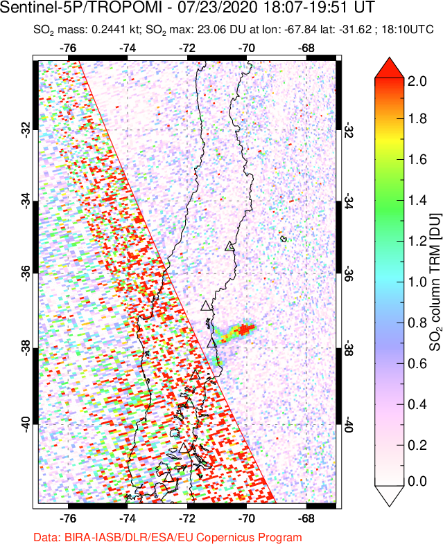 A sulfur dioxide image over Central Chile on Jul 23, 2020.