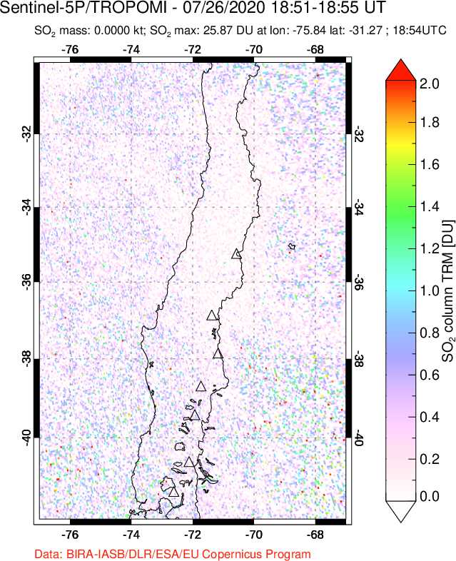 A sulfur dioxide image over Central Chile on Jul 26, 2020.