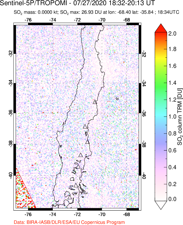 A sulfur dioxide image over Central Chile on Jul 27, 2020.