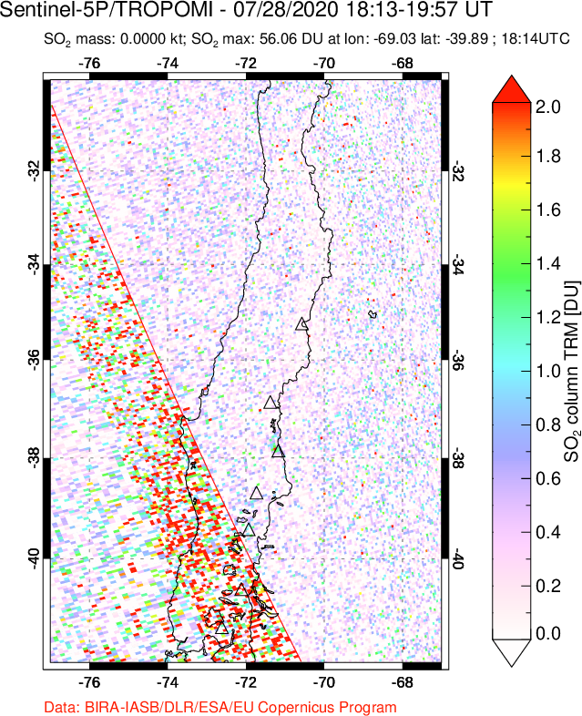 A sulfur dioxide image over Central Chile on Jul 28, 2020.