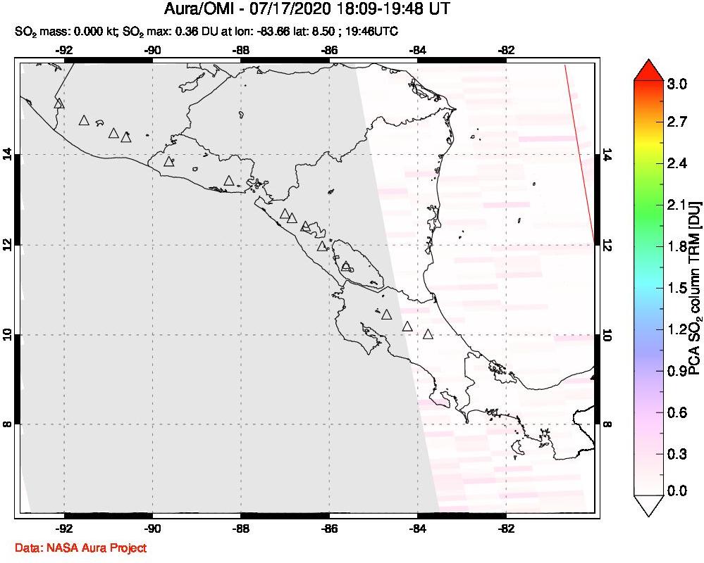 A sulfur dioxide image over Central America on Jul 17, 2020.