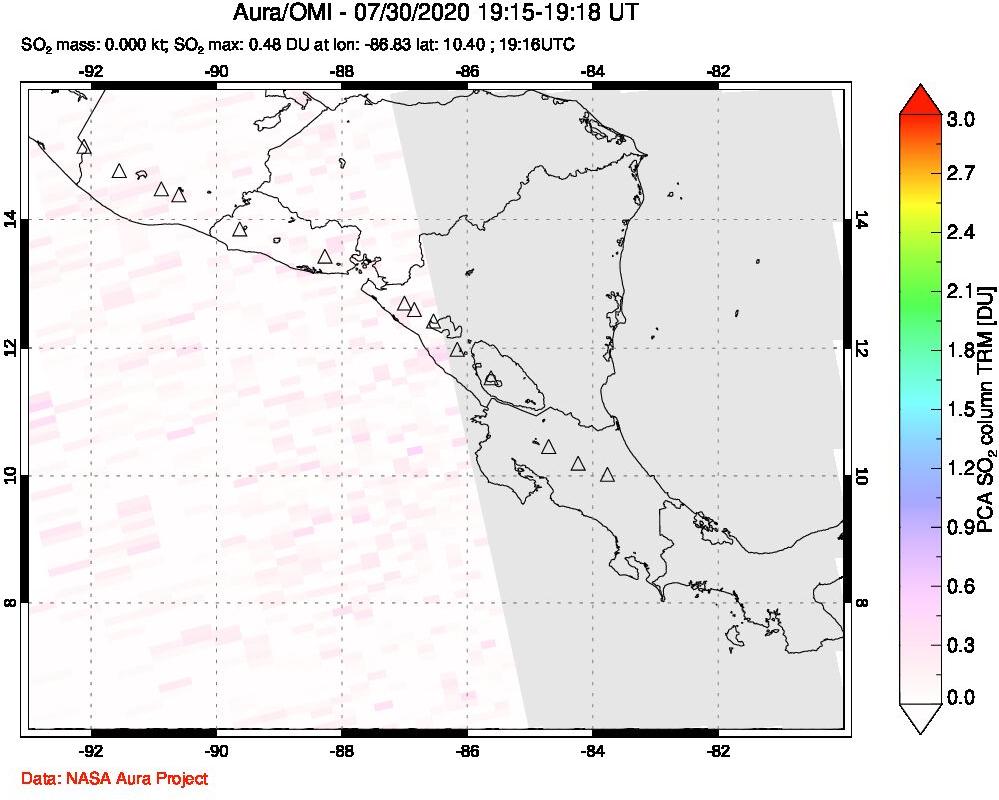 A sulfur dioxide image over Central America on Jul 30, 2020.