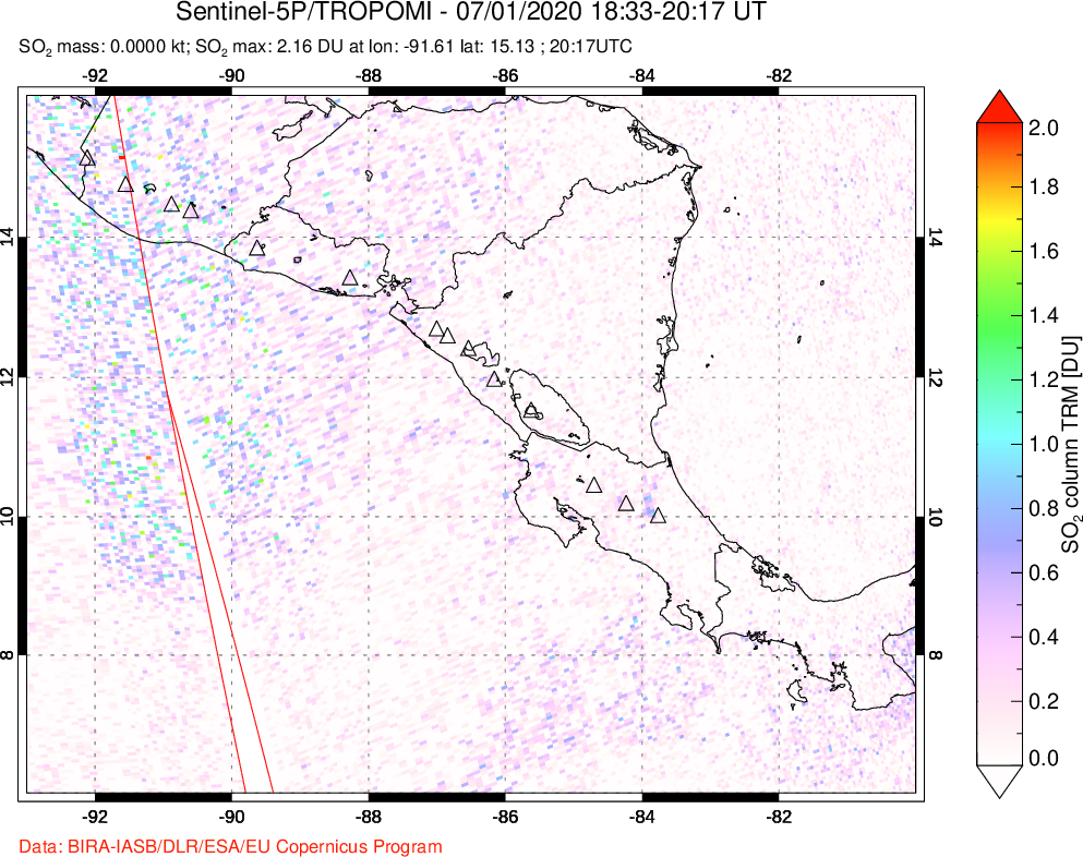A sulfur dioxide image over Central America on Jul 01, 2020.