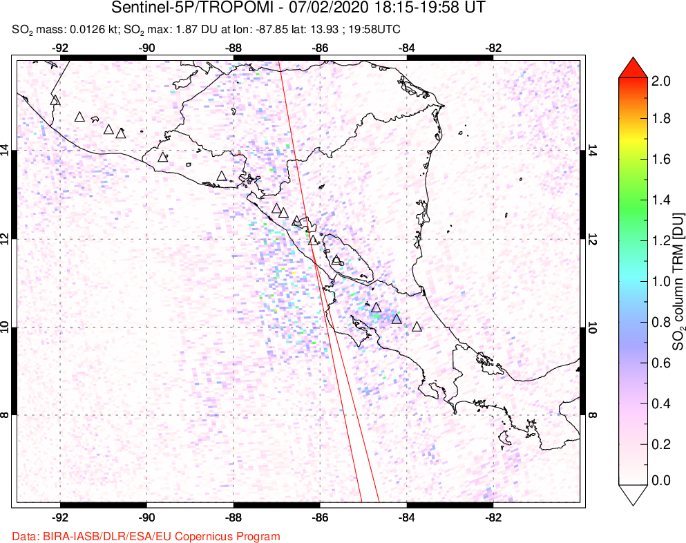A sulfur dioxide image over Central America on Jul 02, 2020.