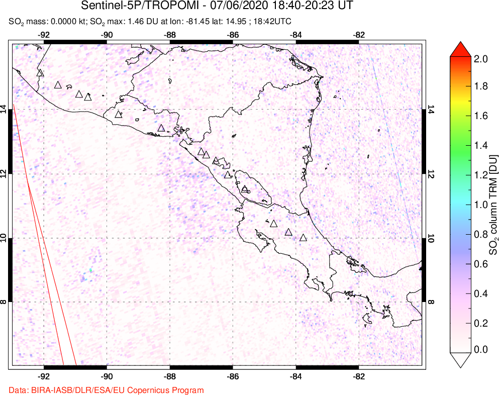 A sulfur dioxide image over Central America on Jul 06, 2020.