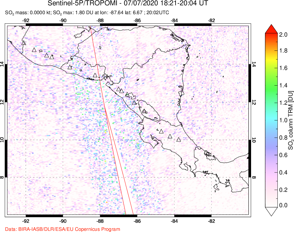 A sulfur dioxide image over Central America on Jul 07, 2020.
