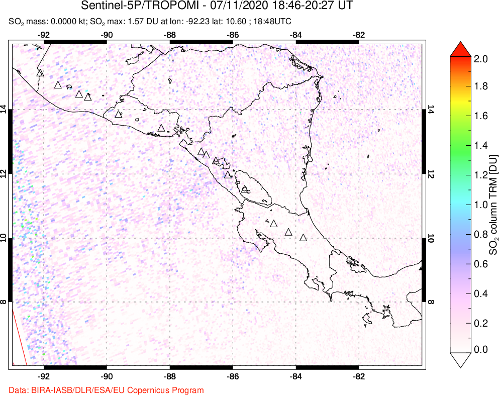 A sulfur dioxide image over Central America on Jul 11, 2020.