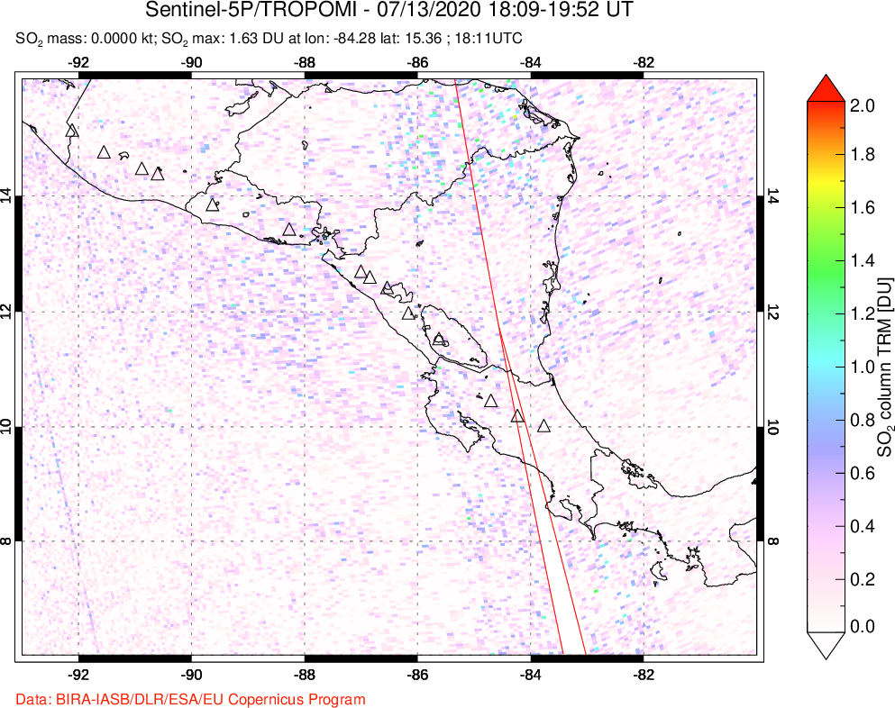 A sulfur dioxide image over Central America on Jul 13, 2020.