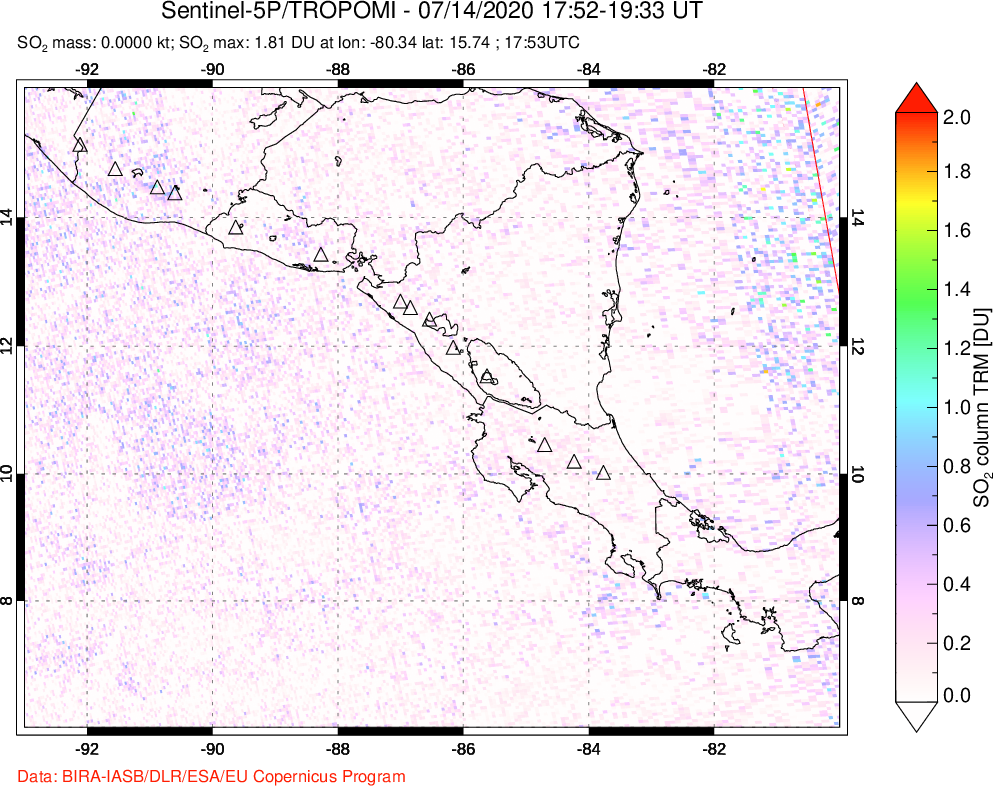 A sulfur dioxide image over Central America on Jul 14, 2020.
